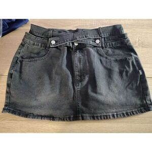 Womens Black Denim Skirt XL High Rise Cross Waist Distressed Mini